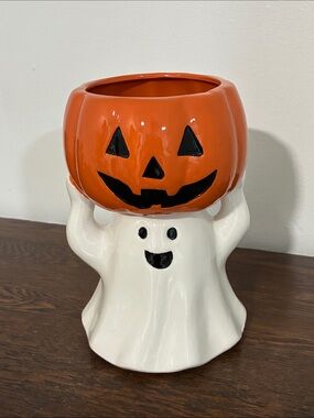 NWT- Hand Painted Ceramic Halloween Ghost & Jack-o-lantern Pumpkin Candy Bowl